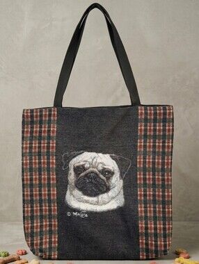 Pug Face Tote Bag in Black with Plaid Panels